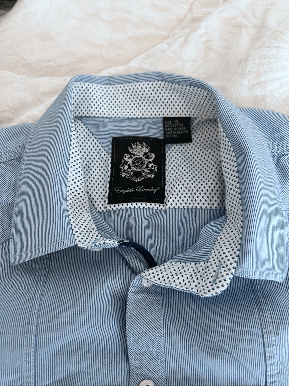 English Laundry Blue Pinstripe Short Sleeve Dress Shirt w/Contrast Inner Collar